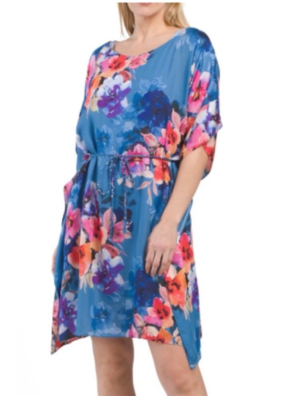 Johnny Was Blue Floral Tie-Waist Midi Dress